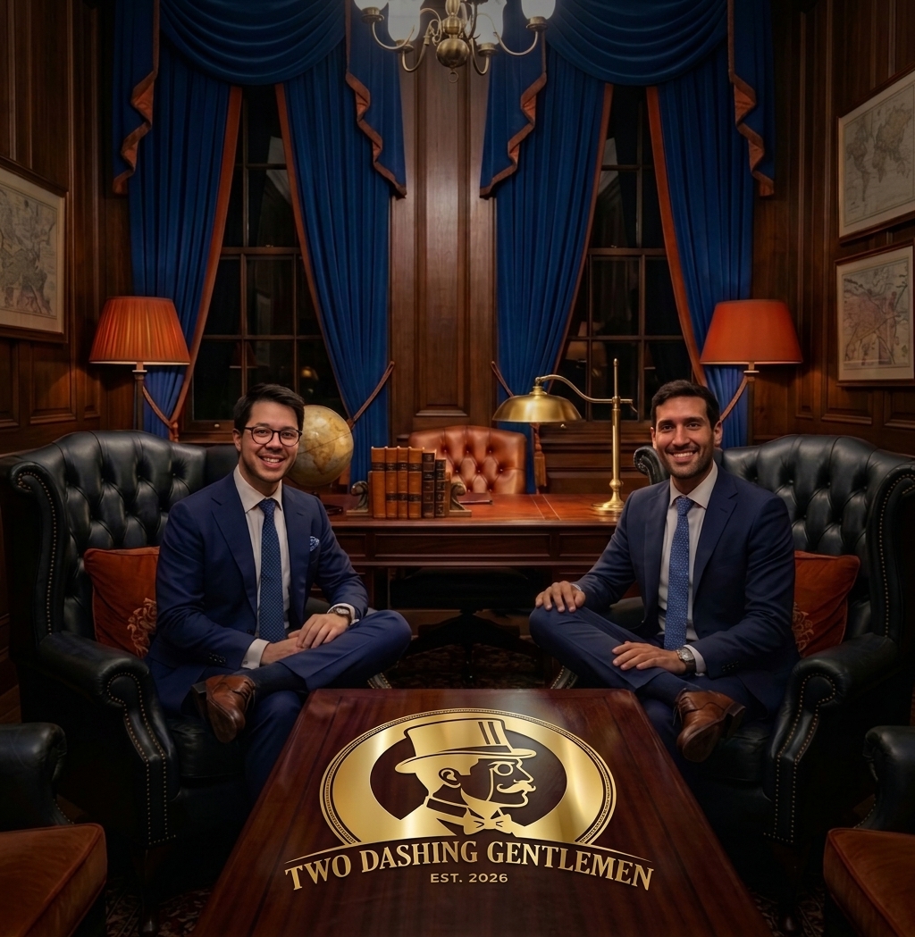 Two well-dressed advisors seated in leather armchairs in an elegant wood-paneled study